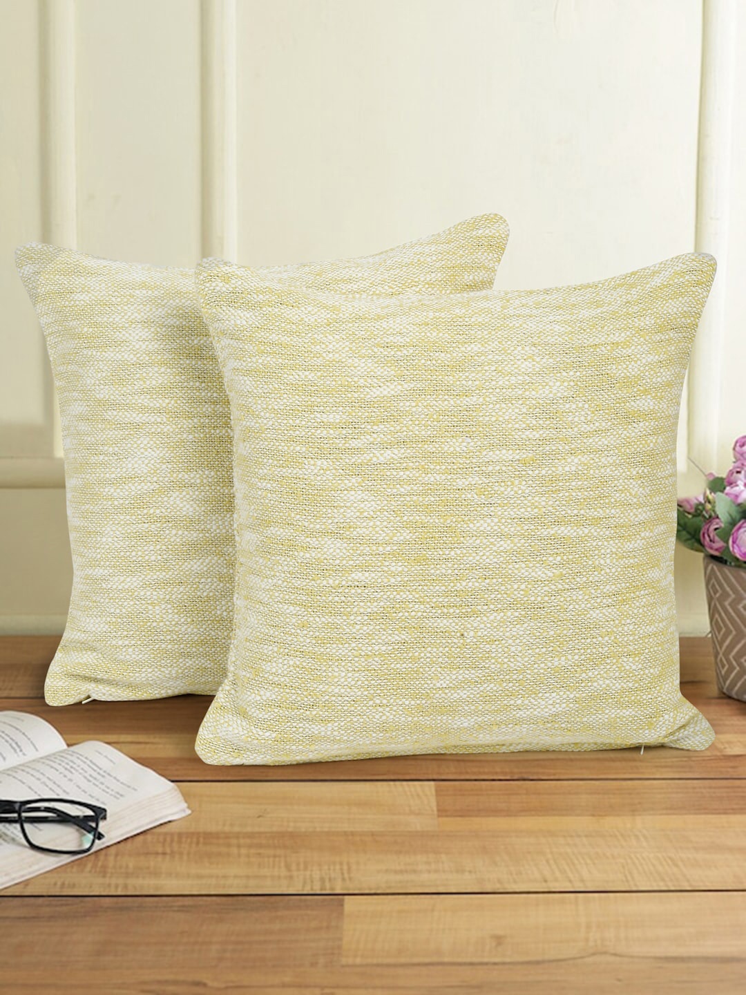 

eyda Yellow & White 2 Pieces Abstract Cotton Square Cushion Covers