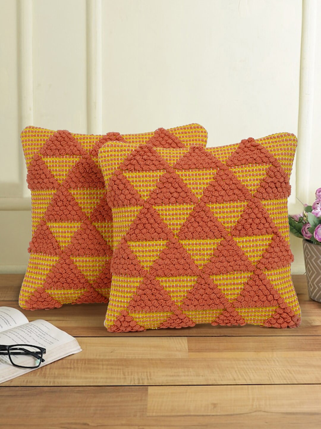 

eyda Yellow & Orange 2 Pieces Geometric Cotton Square Cushion Covers
