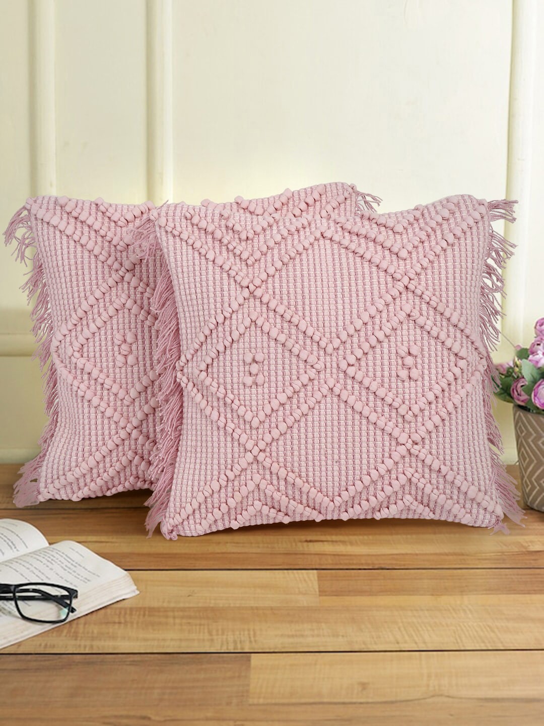 

eyda Mauve 2-Pieces Embroidered Cotton Square Cushion Covers