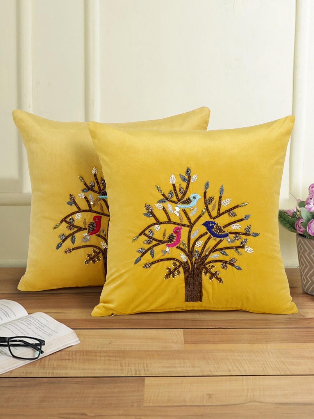 

eyda Yellow & Brown 2 Pieces Embellished Velvet Square Cushion Covers