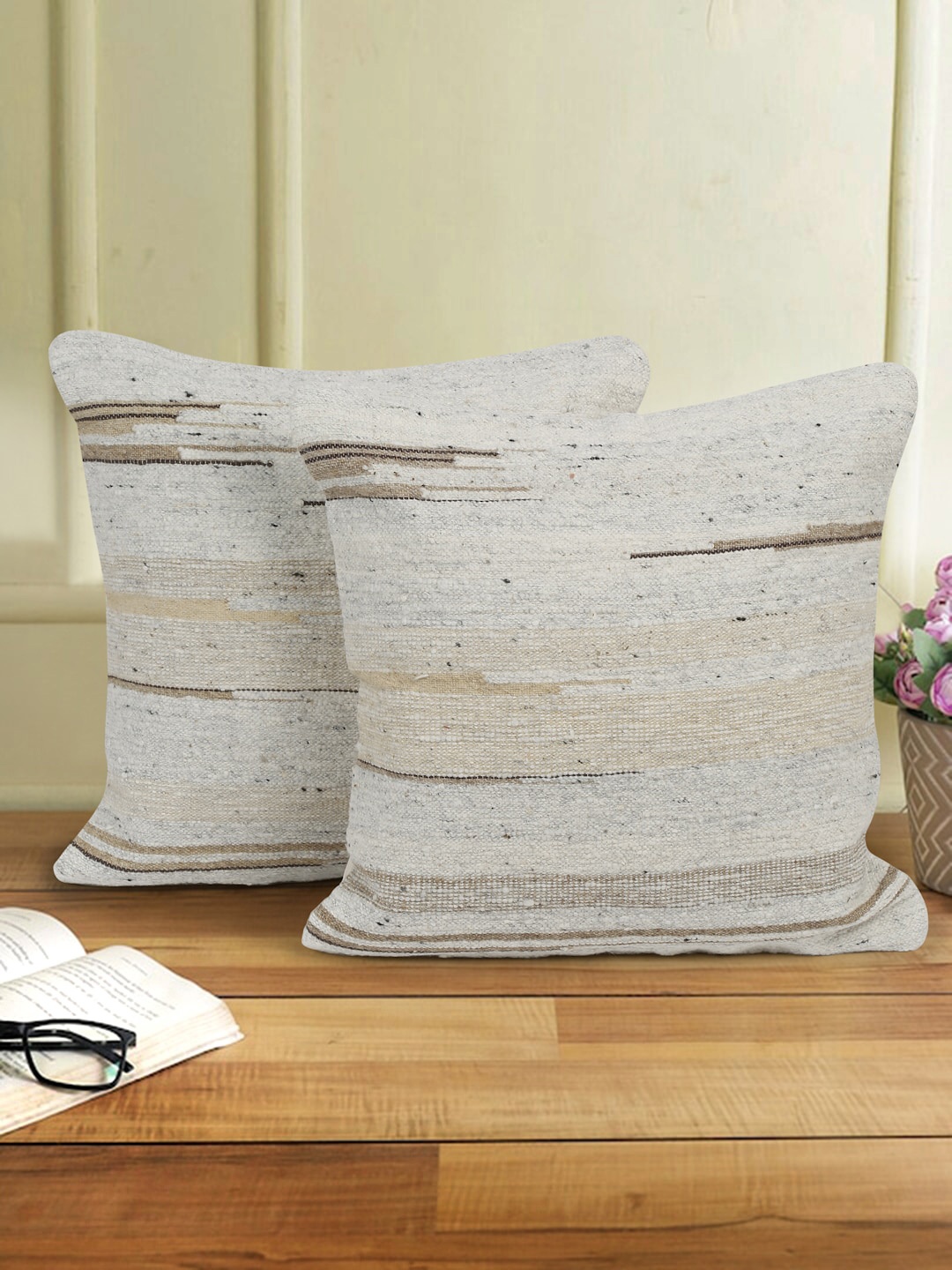 

eyda Beige & Cream-Coloured 2 Pieces Striped Woollen Square Cushion Covers