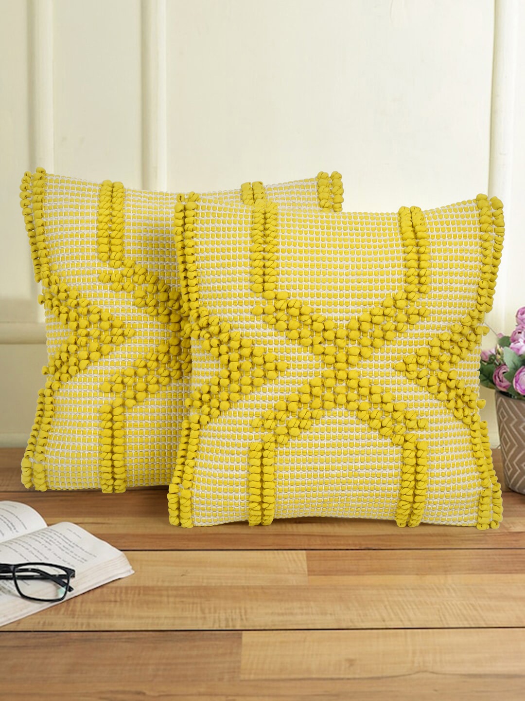 

eyda Yellow 2 Pieces Embroidered Cotton Square Cushion Covers