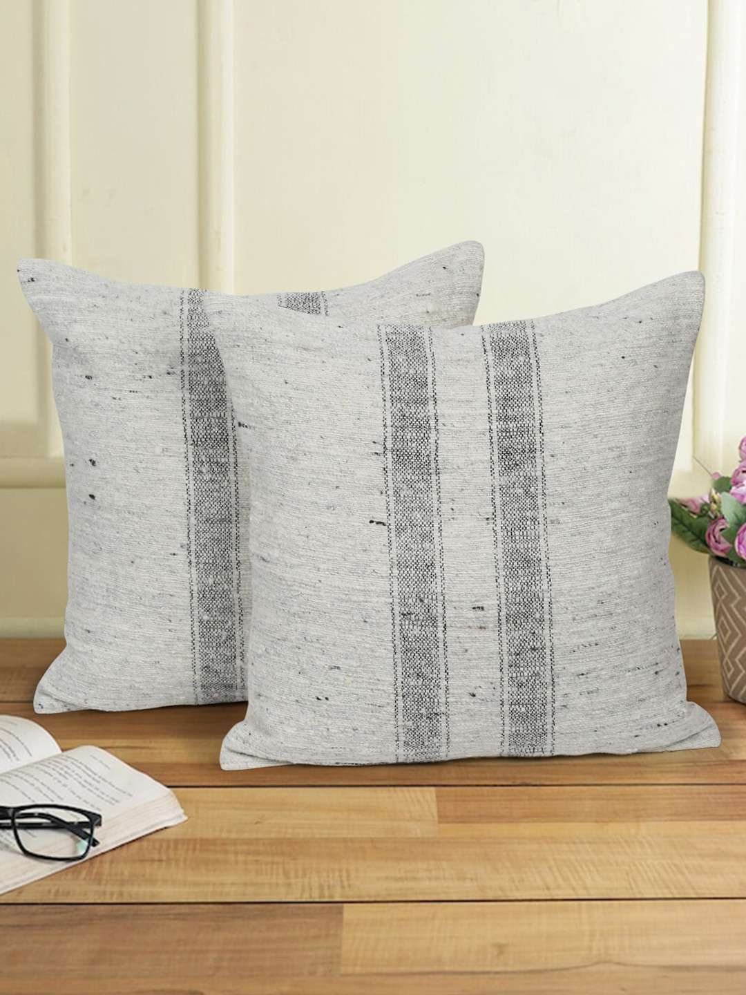 

eyda Grey & Cream 2 Pieces Striped Woollen Square Cushion Covers