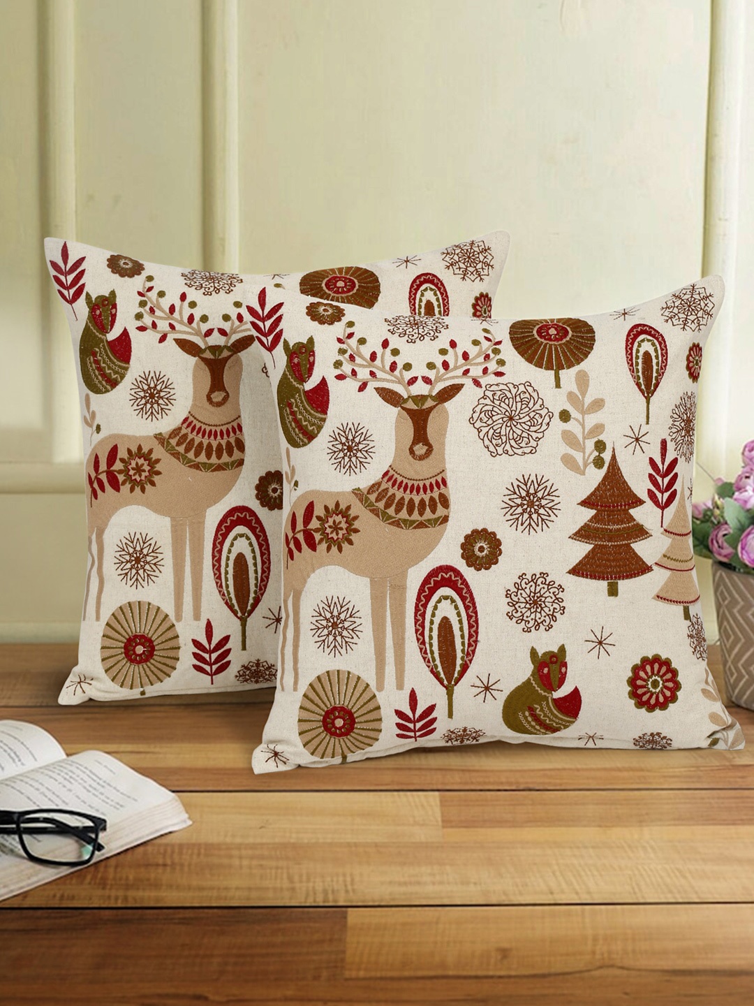 

eyda Beige & Brown 2 Pieces Embroidered Cotton Linen Square Cushion Covers