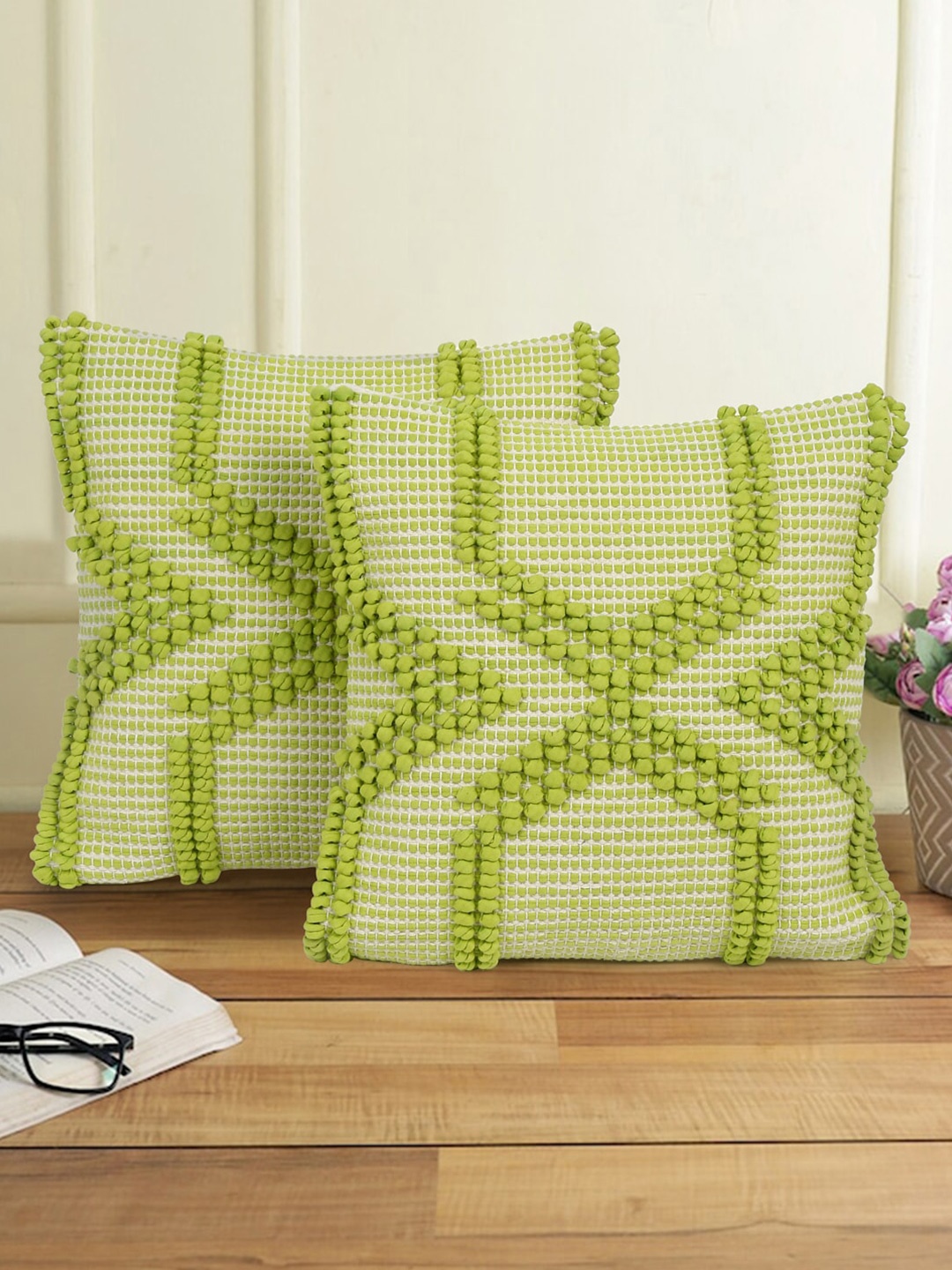 

eyda 2 Pcs Green Self Design Cotton Square Cushion Covers