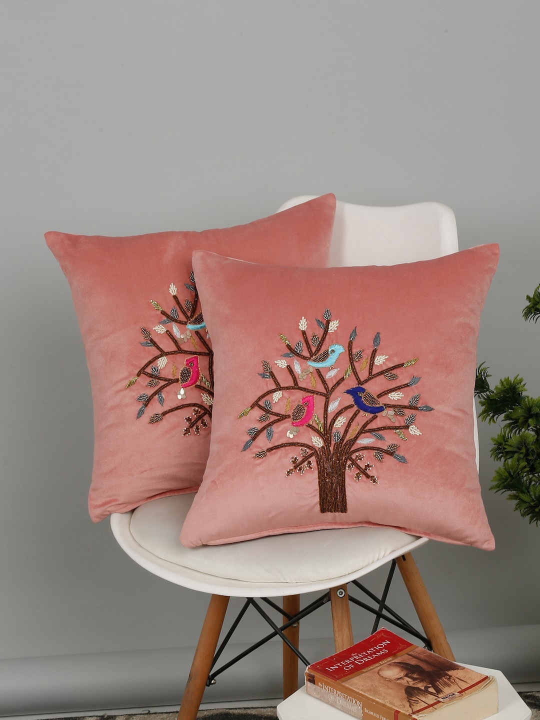 

eyda Pink & Brown 2 Pieces Embroidered Velvet Square Cushion Covers