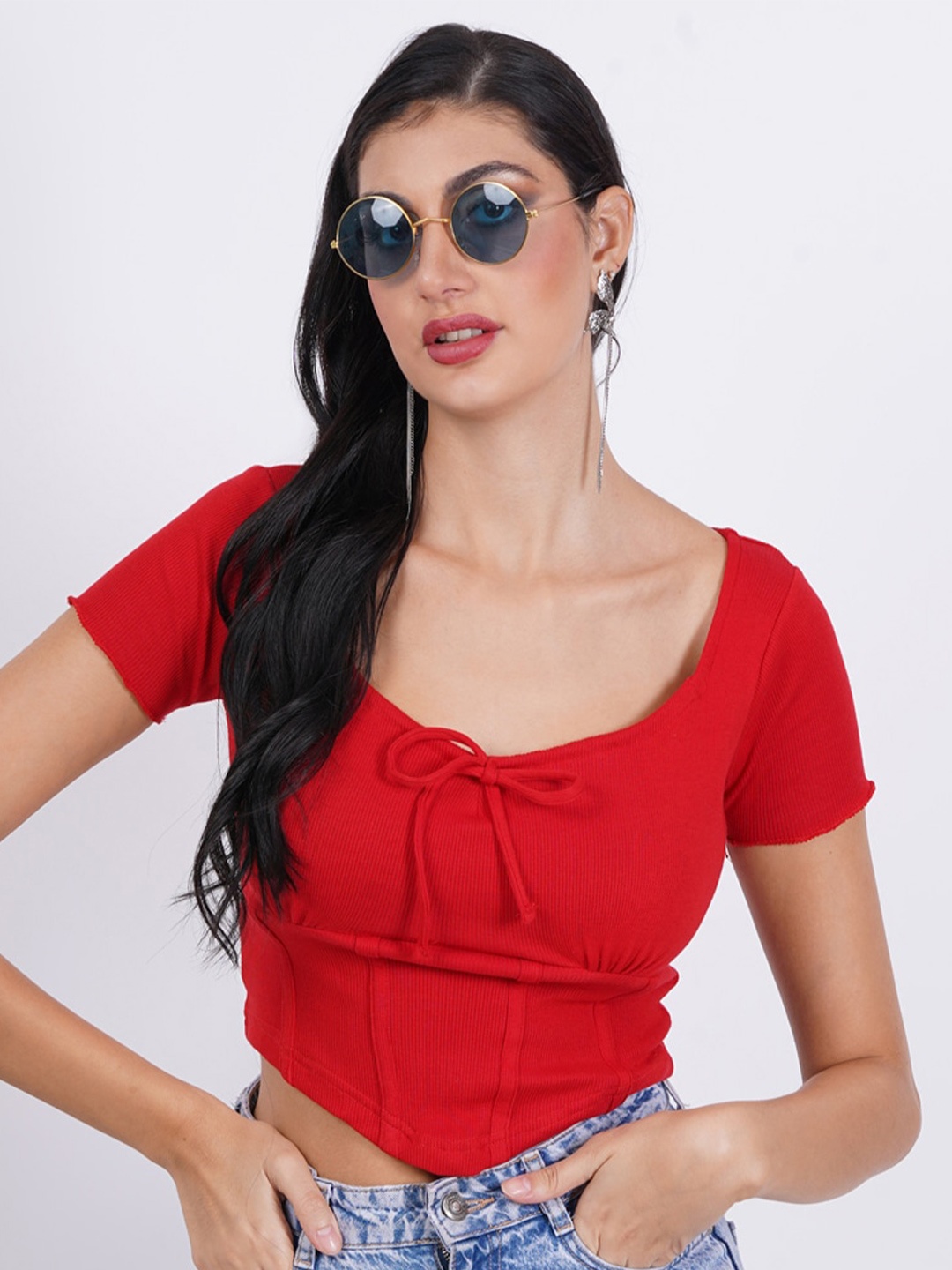 

SIGHTBOMB Tie Up Neck Cotton Fitted Crop Top, Red