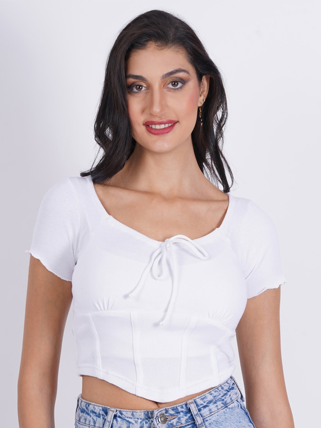 

SIGHTBOMB Tie-Up Neck Cotton Crop Top, White