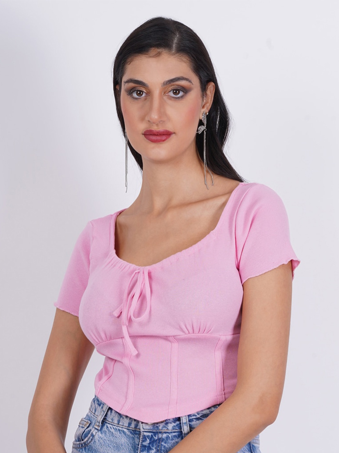 

SIGHTBOMB Tie-Up Neck Cotton Fitted Crop Top, Pink