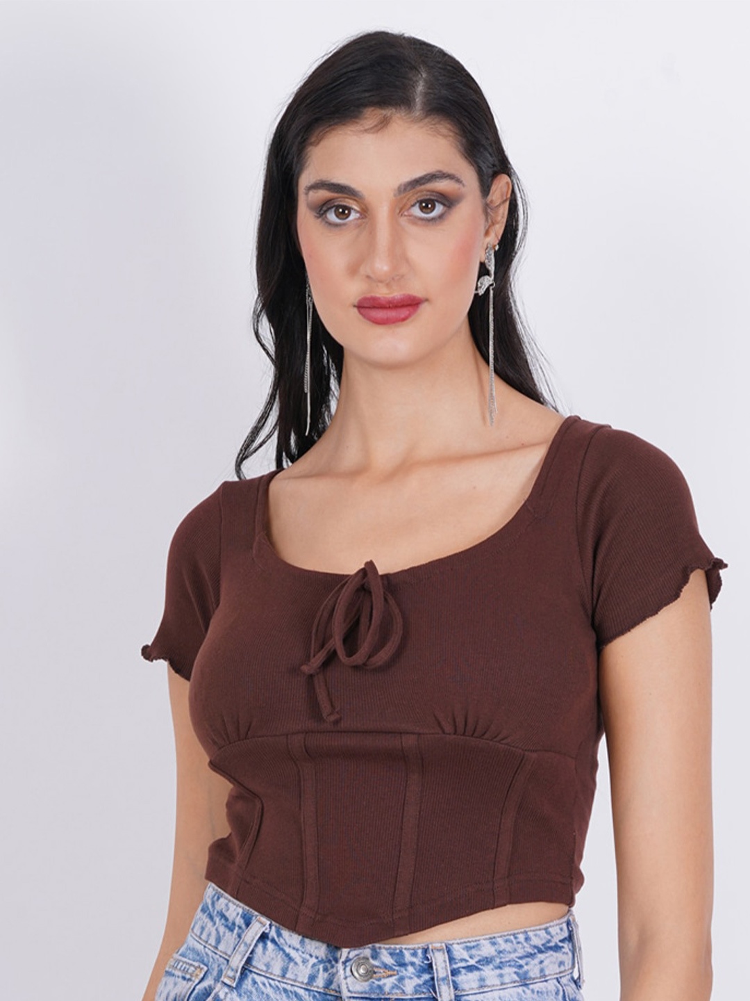 

SIGHTBOMB Tie-Up Neck Cotton Crop Top, Brown