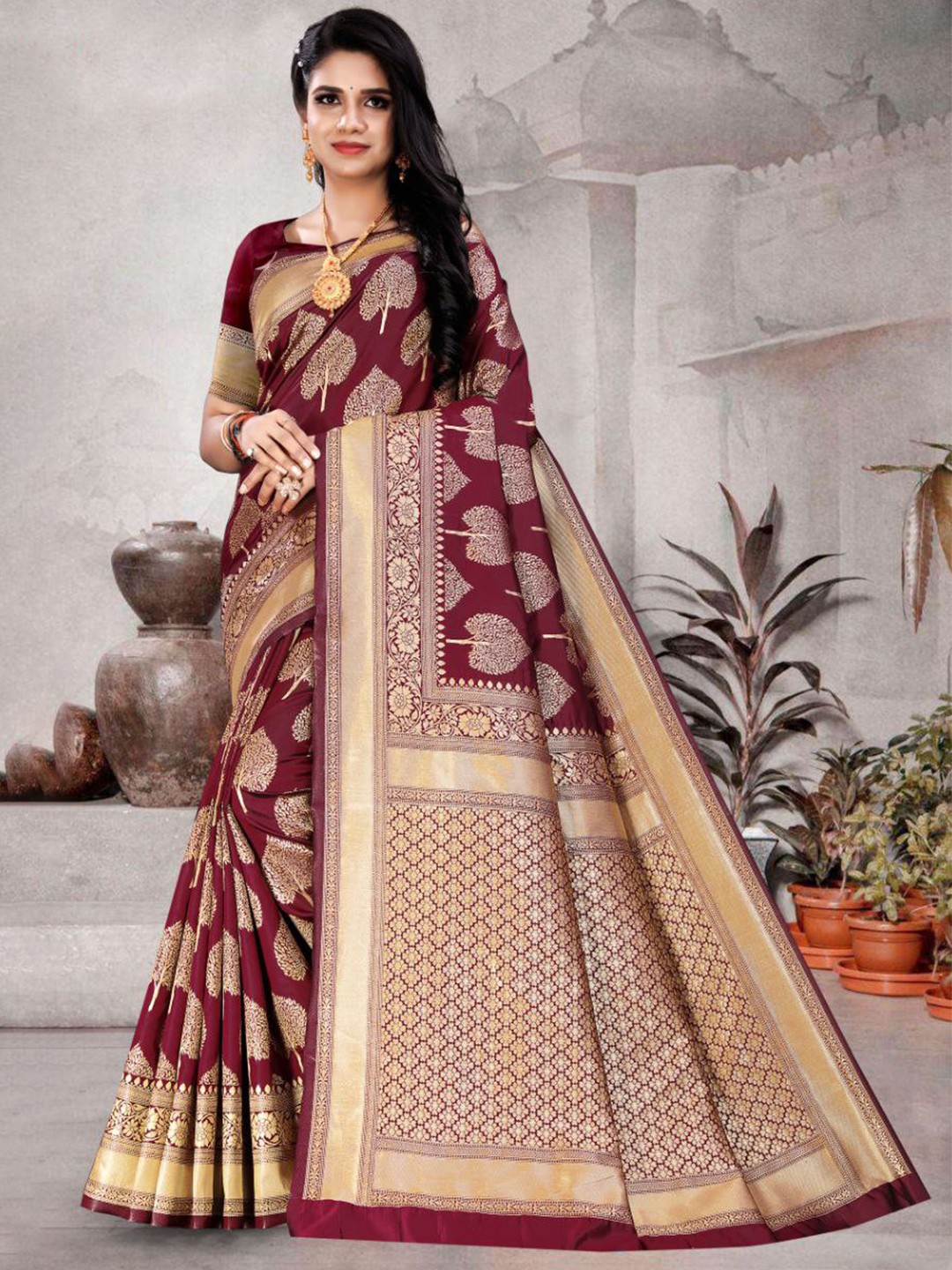 

TIEXA Woven Design Zari Pure Silk Banarasi Saree, Maroon