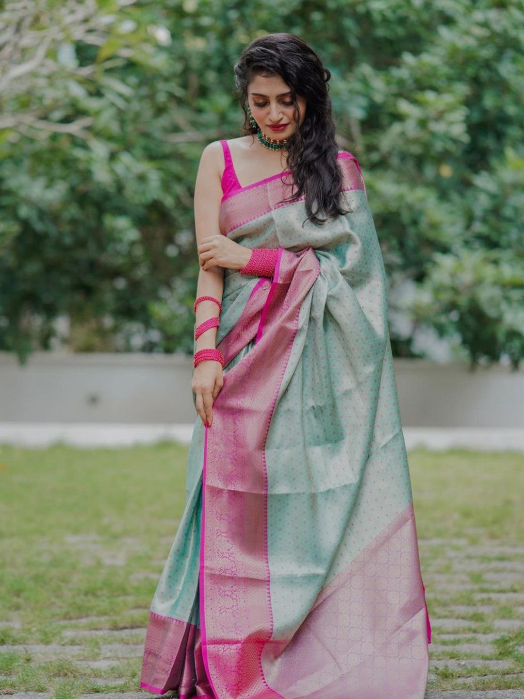 

TIEXA Ethnic Motifs Design Zari Detail Pure Silk Saree, Turquoise blue