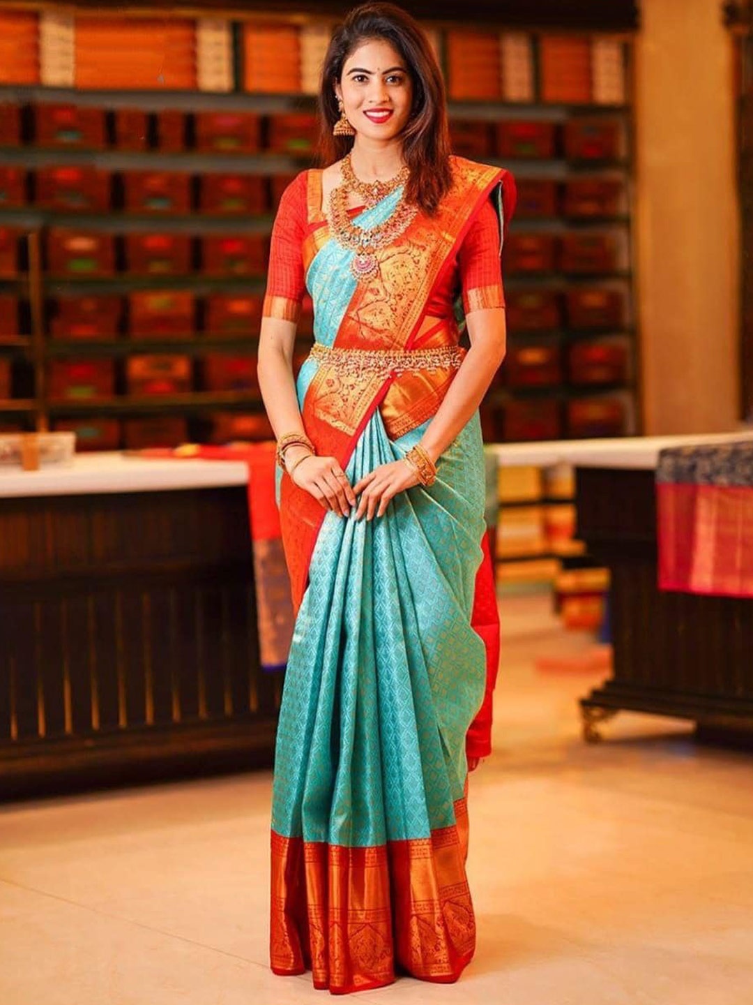 

TIEXA Ethnic Motifs Woven Design Zari Pure Silk Banarasi Saree, Turquoise blue