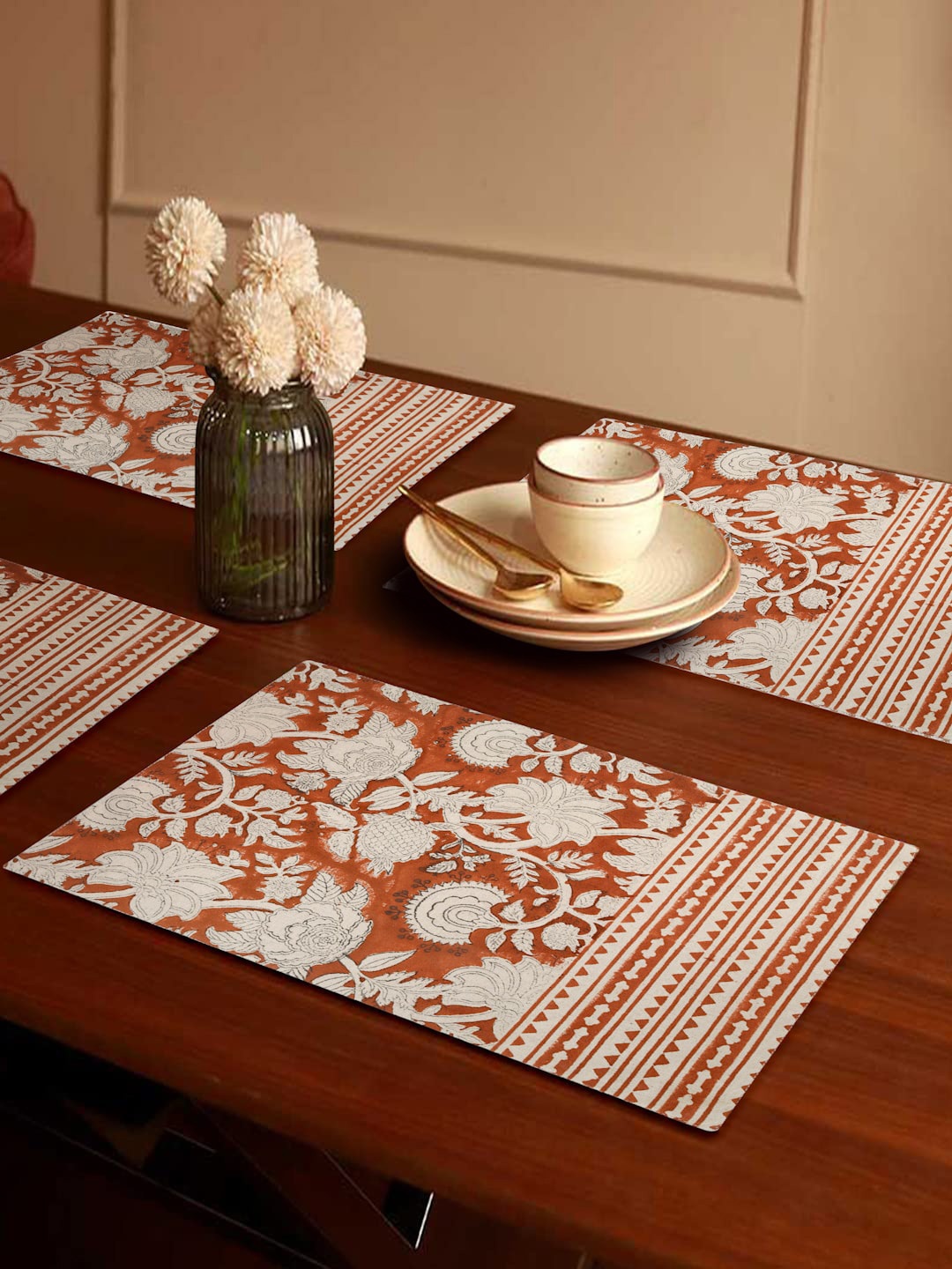 

eyda Rust 6 Pieces Hand Block Floral Printed Cotton Rectangular Table Placemats