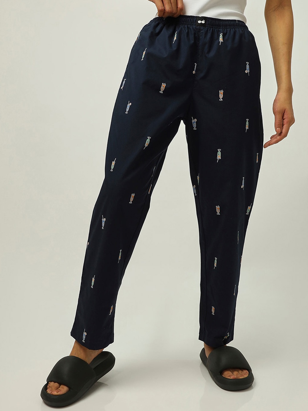 

Bewakoof Women Navy Blue Printed Pure Cotton Lounge Pants