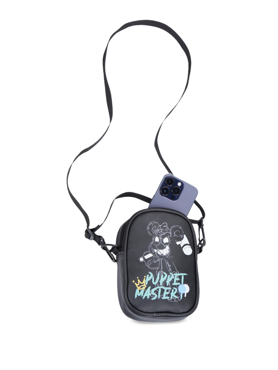 

Bewakoof Graphic Printed Structured Sling Bag, Black