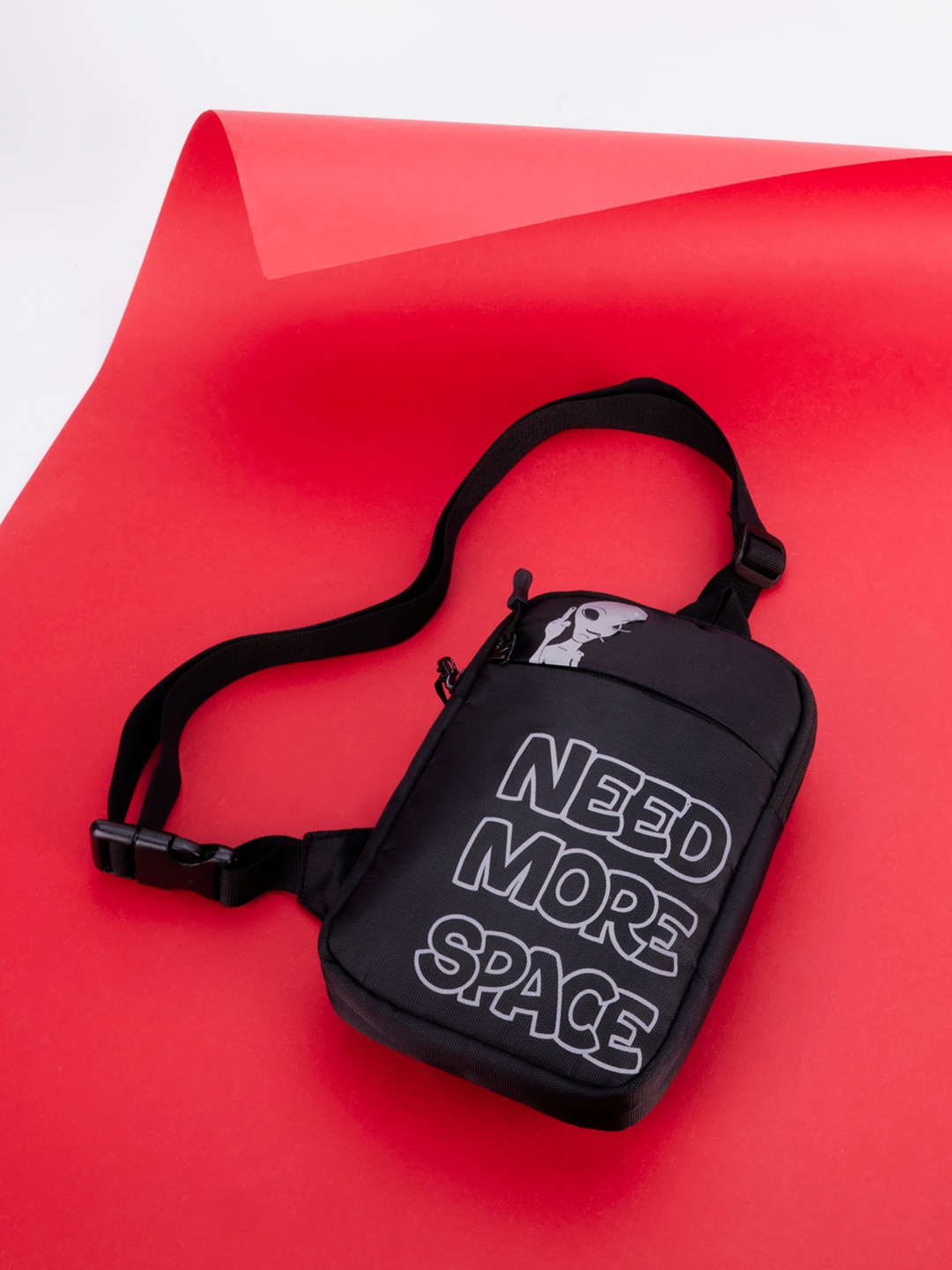 

Bewakoof Black Need More Space Typography Printed Structured Sling Bag