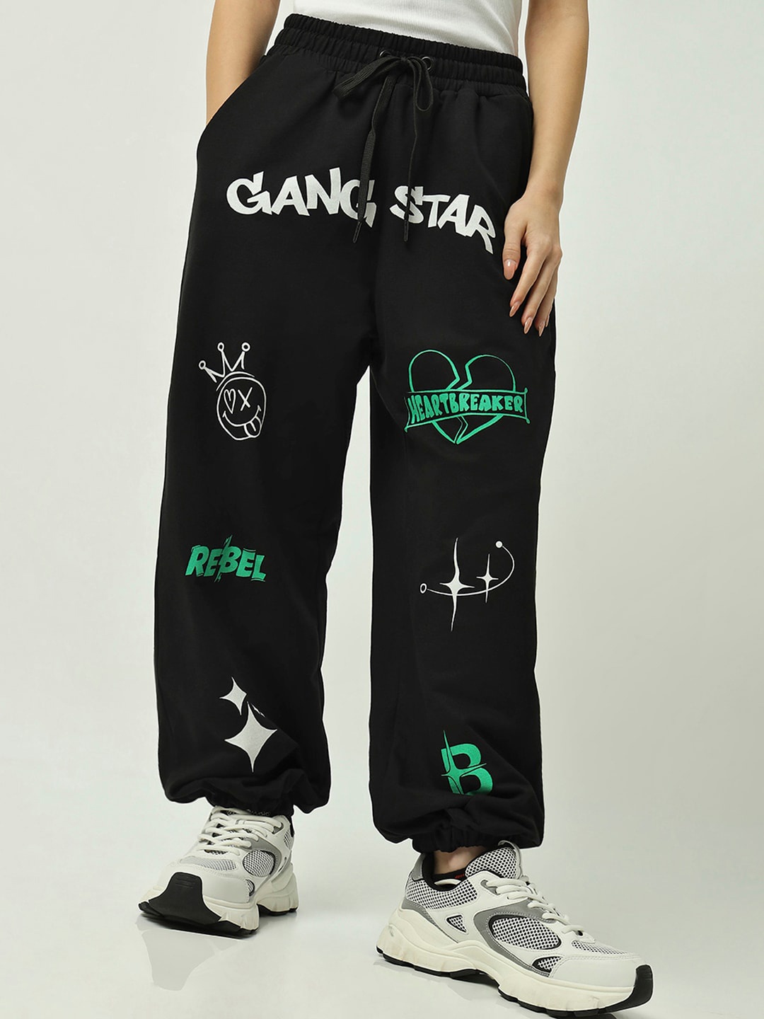 

Bewakoof Women Typography Printed Mid-Rise Loose-Fit Joggers, Black