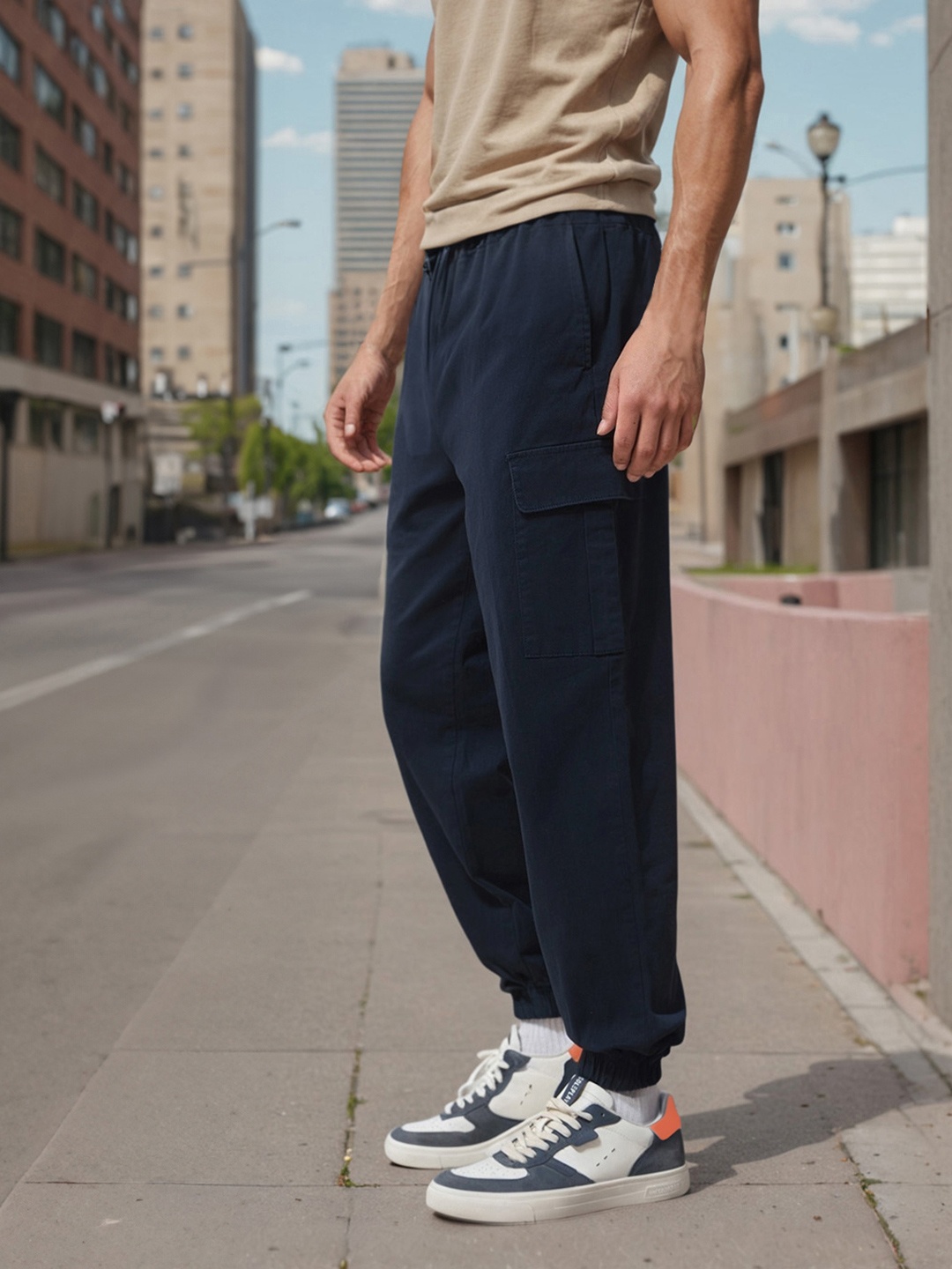 

Bewakoof Men Mid-Rise Relaxed-Fit Oversized Cargo Joggers, Nude