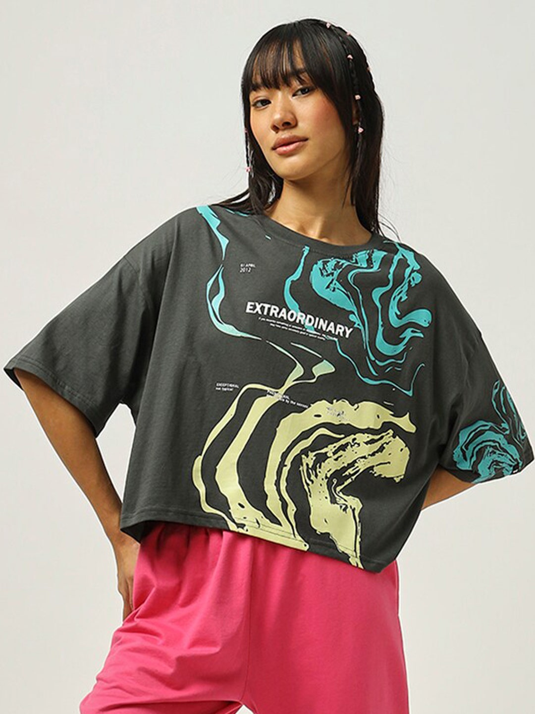 

Bewakoof Graphic Printed Drop-Shoulder Cotton Top, Grey