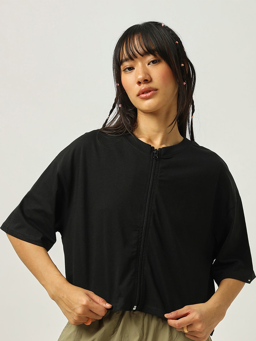 

Bewakoof Mandarin Collar Drop-Shoulder Sleeves Cotton Shirt Style Top, Black