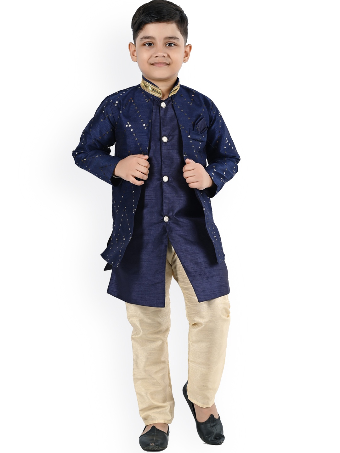 

BAESD Boys Chevron Embroidered Mandarin Collar Sequined Kurta With Trouser, Navy blue