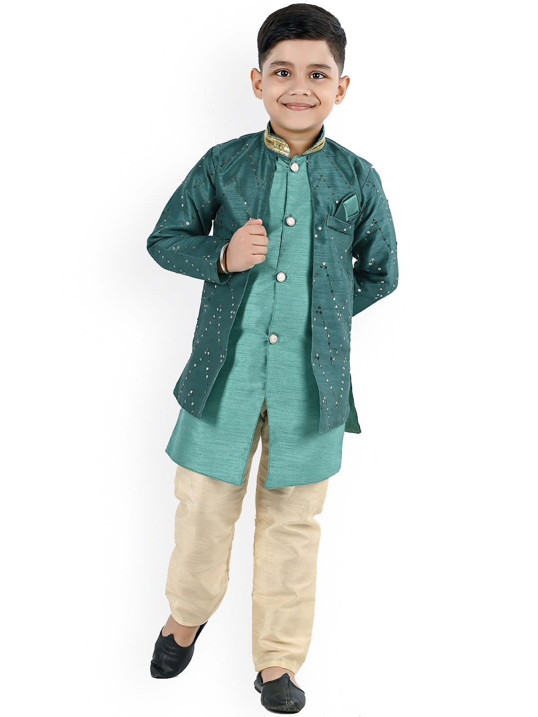 

BAESD Boys Chevron Embroidered Mandarin Collar Sequined Kurta With Trouser, Turquoise blue