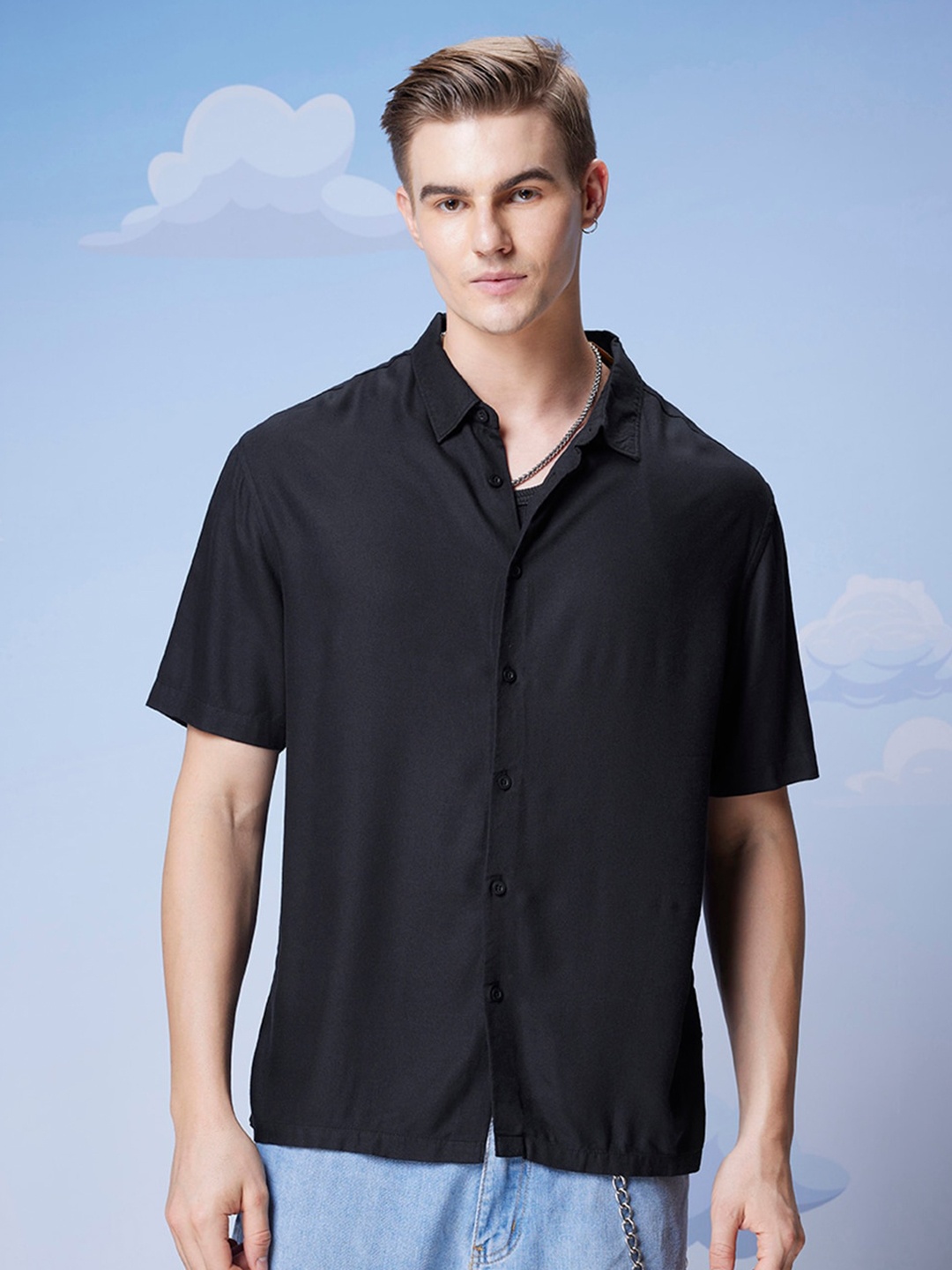 

Bewakoof Black Spread Collar Oversized Opaque Casual Shirt