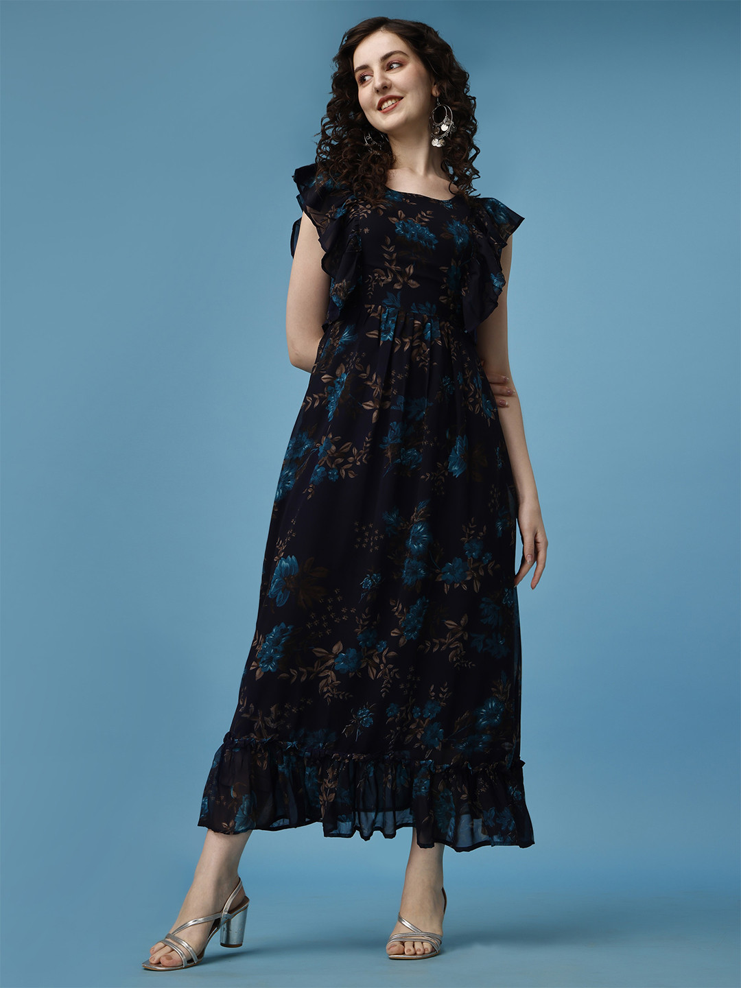 

KALINI Floral Printed Flutter Sleeve Georgette Fit & Flare Maxi Dress, Navy blue