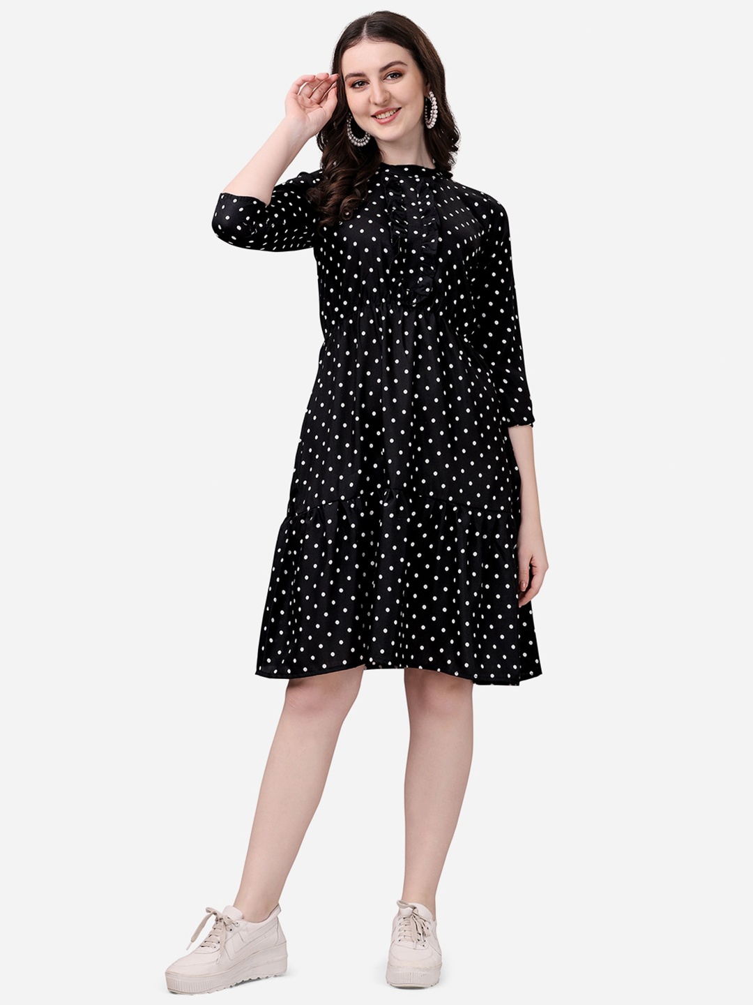 

KALINI Polka Dot Printed Georgette A-line Dress, Black