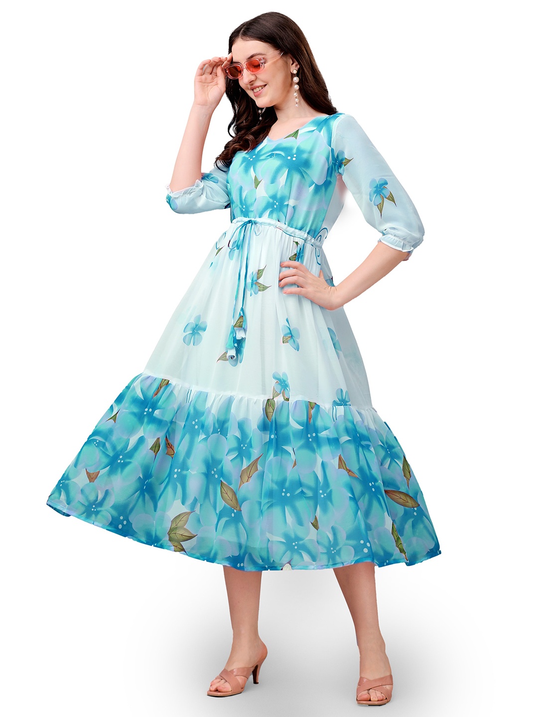 

KALINI Floral Printed Georgette Fit & Flare Midi Dress, White