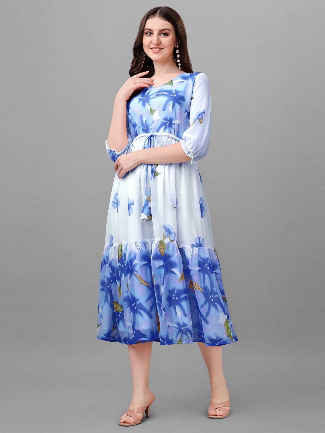 

KALINI Floral Printed Georgette Fit & Flare Midi Dress, Blue
