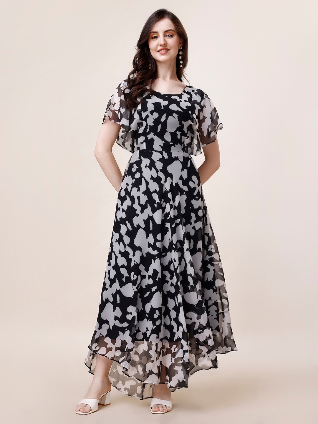 KALINI Abstract Printed Flutter Sleeves Maxi Dress, Black