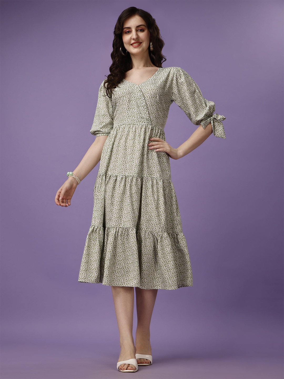 

KALINI Floral Printed V-Neck Tiered Georgette Midi Dress, Lime green