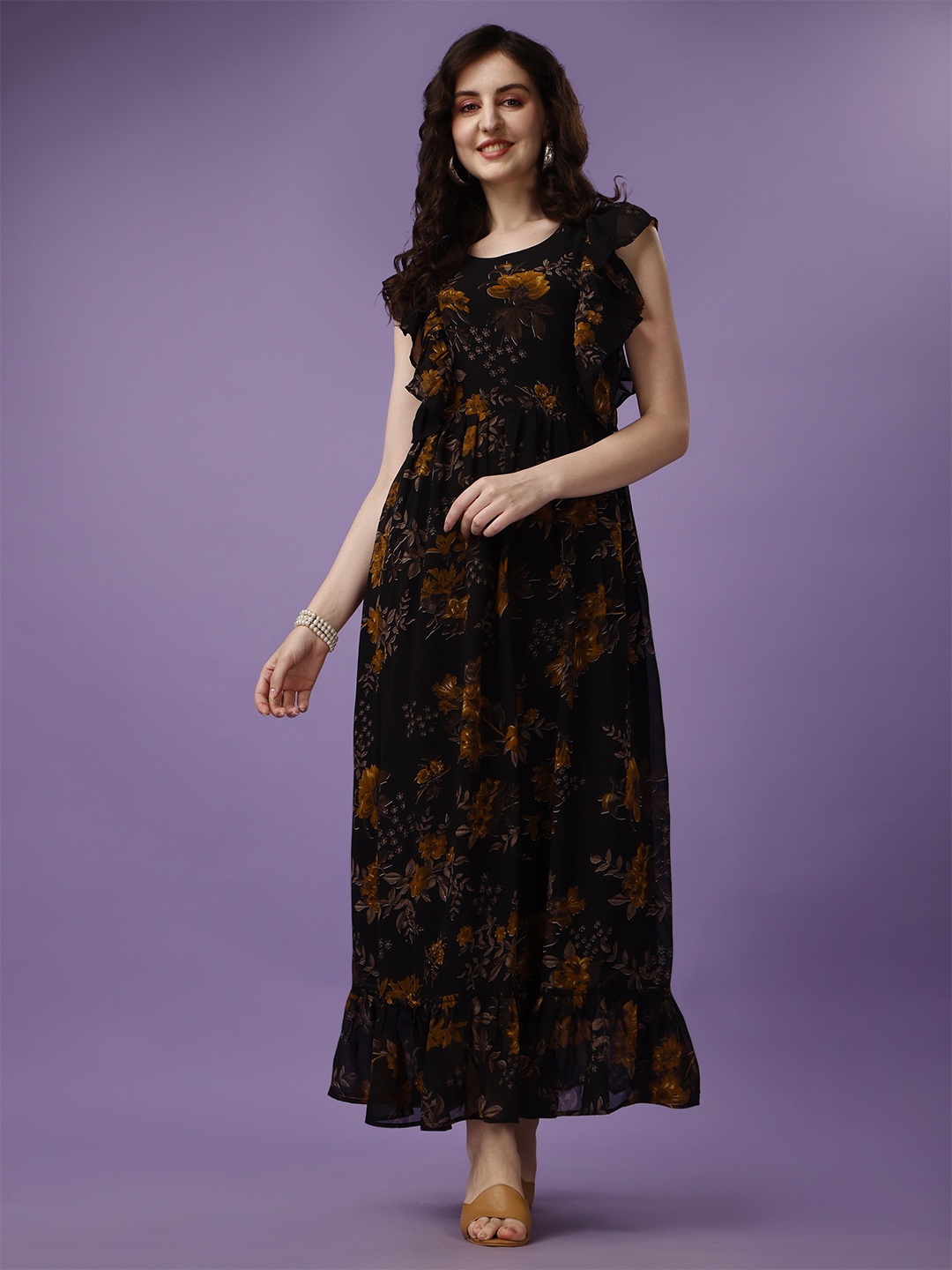 

KALINI Floral Printed Flutter Sleeves Gathered Maxi Dress, Yellow