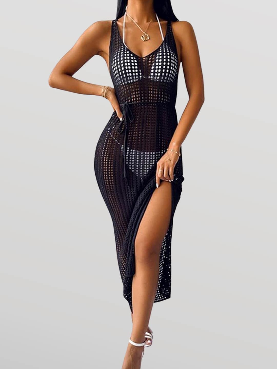 

EZLOOT Crochet Side Slit Wool Swimwear Cover Up Dress, Black