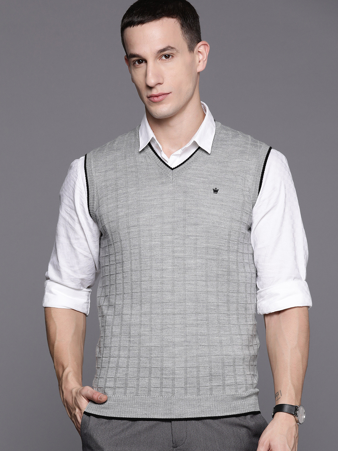 

Louis Philippe Self Checked Sweater Vest, Grey