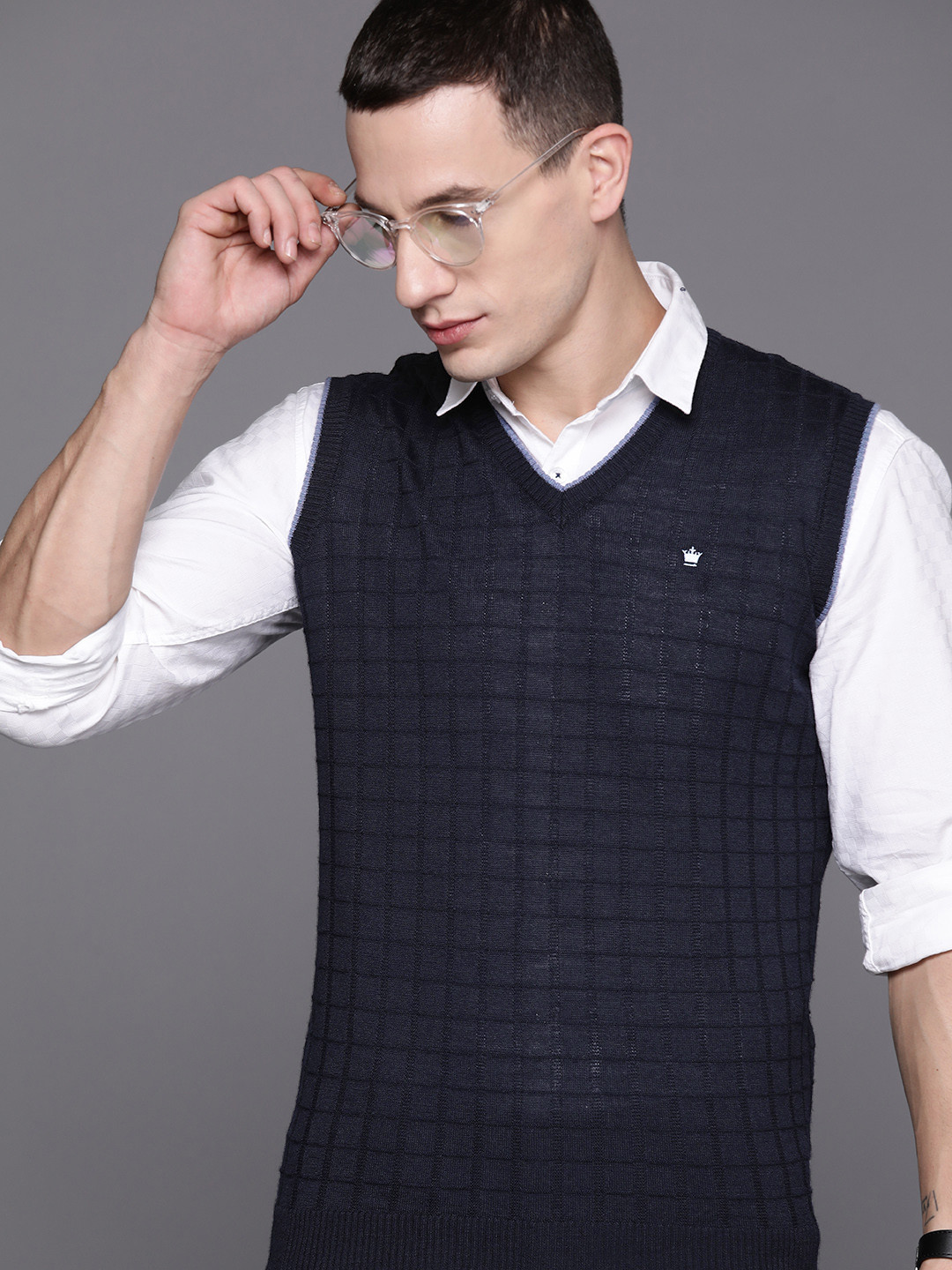 

Louis Philippe Self Checked Sweater Vest, Navy blue