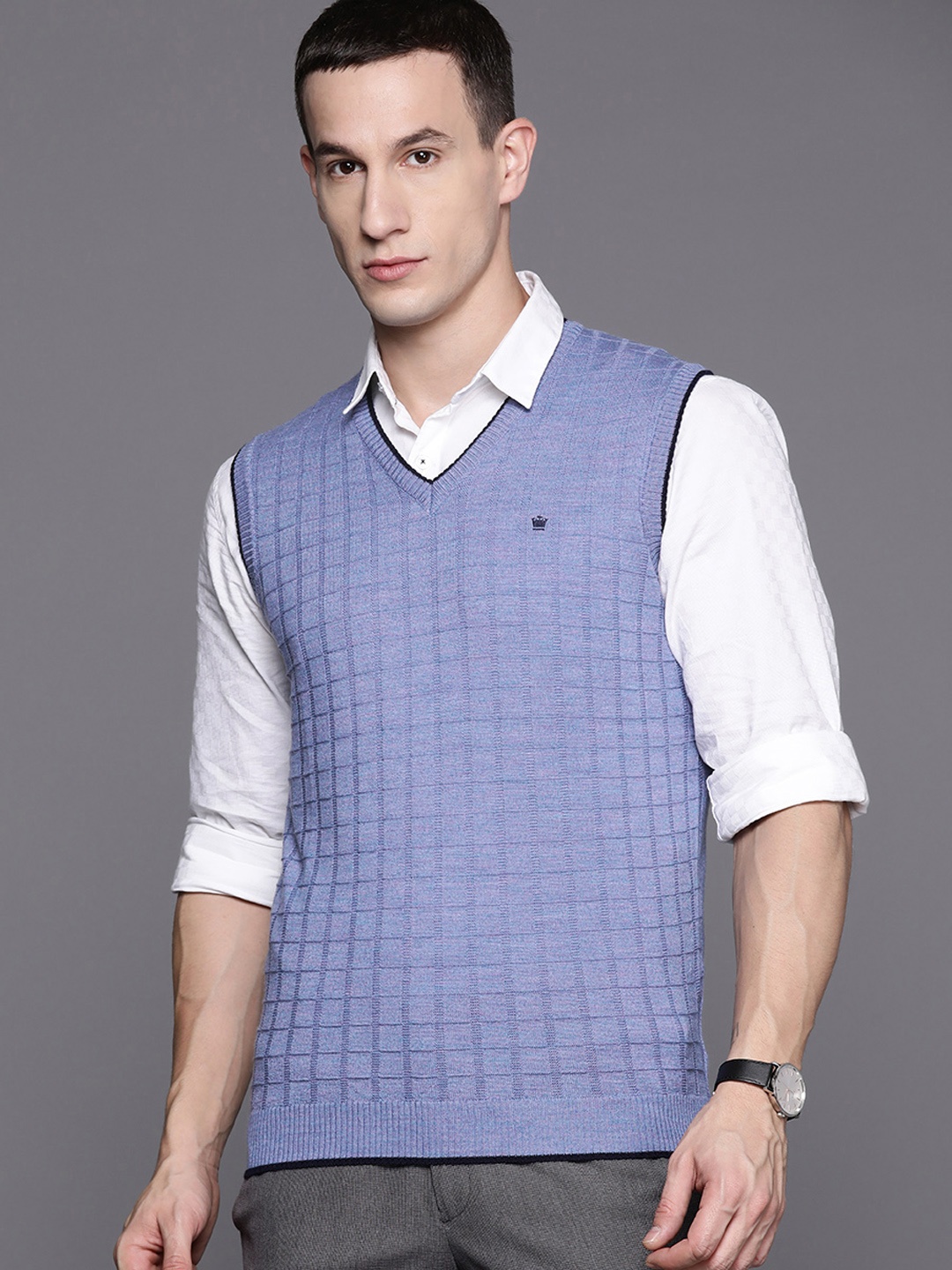 

Louis Philippe Self Checked Sweater Vest, Blue