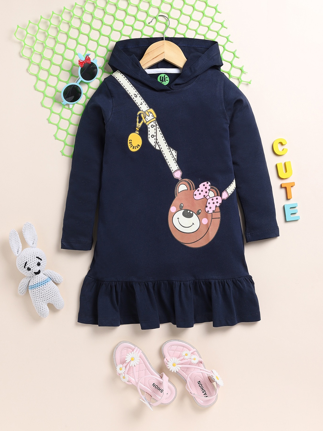 

YK Girls Graphic Printed Hooded Ruffled A-Line Dress, Blue