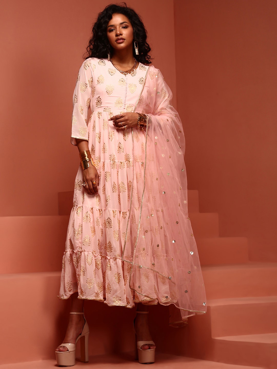 

IMARA Ethnic Motifs Printed A-Line Ethnic Dress With Dupatta, Pink