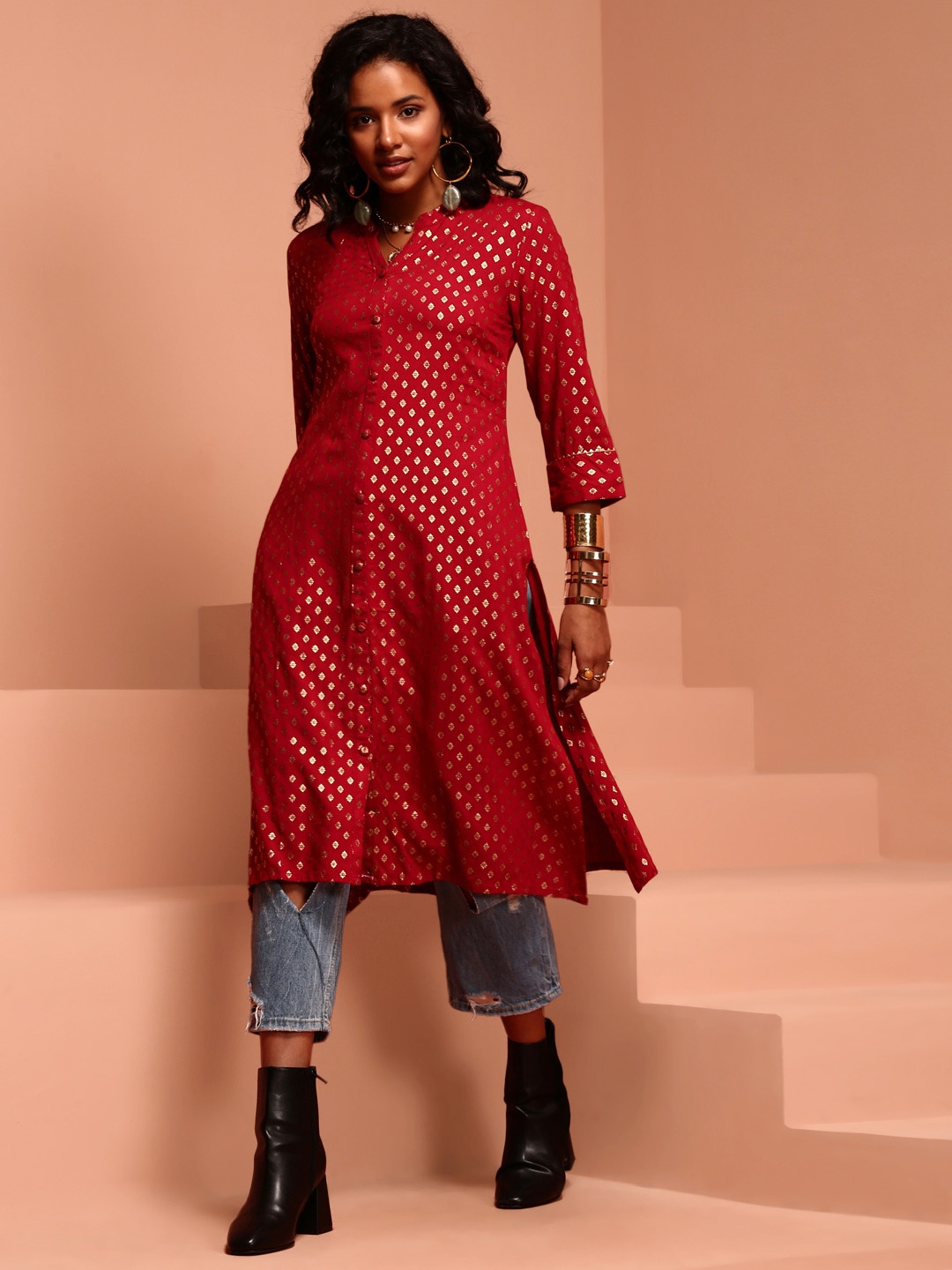 

IMARA Ethnic Printed Mandarin Collar A-Line Kurta, Fuchsia