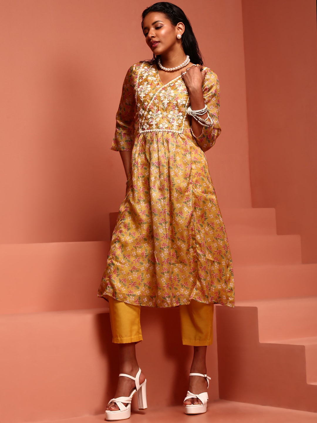 

IMARA Floral Printed V-Neck Thread Work Kurta with Trousers, Yellow