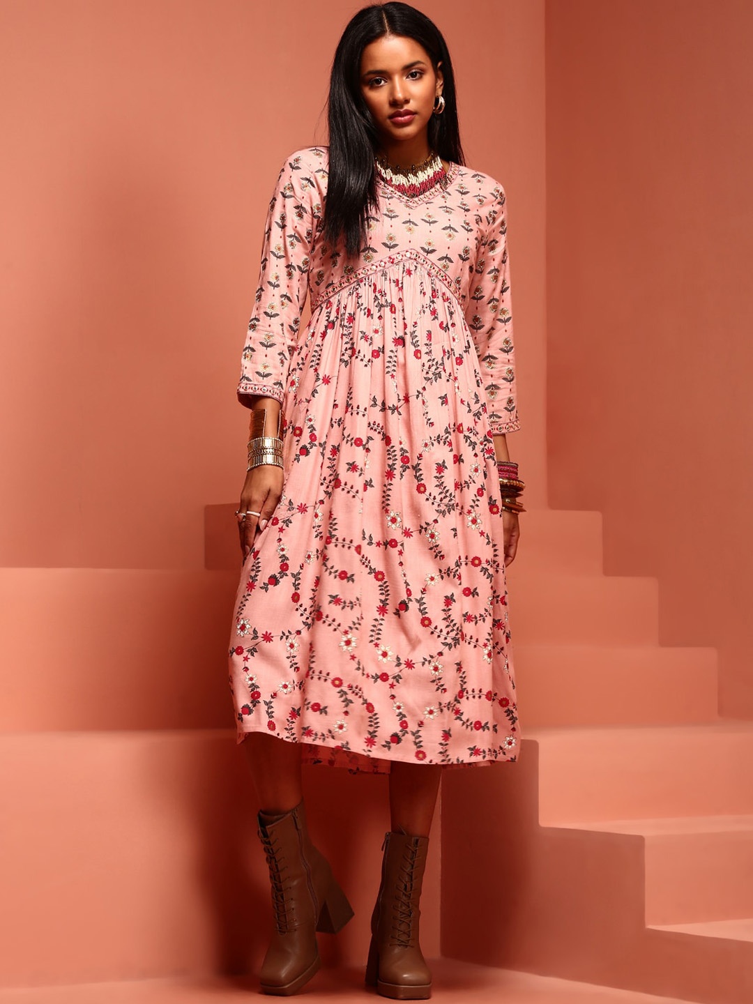 

IMARA Floral Printed V-Neck Empire Ethnic Dress, Peach