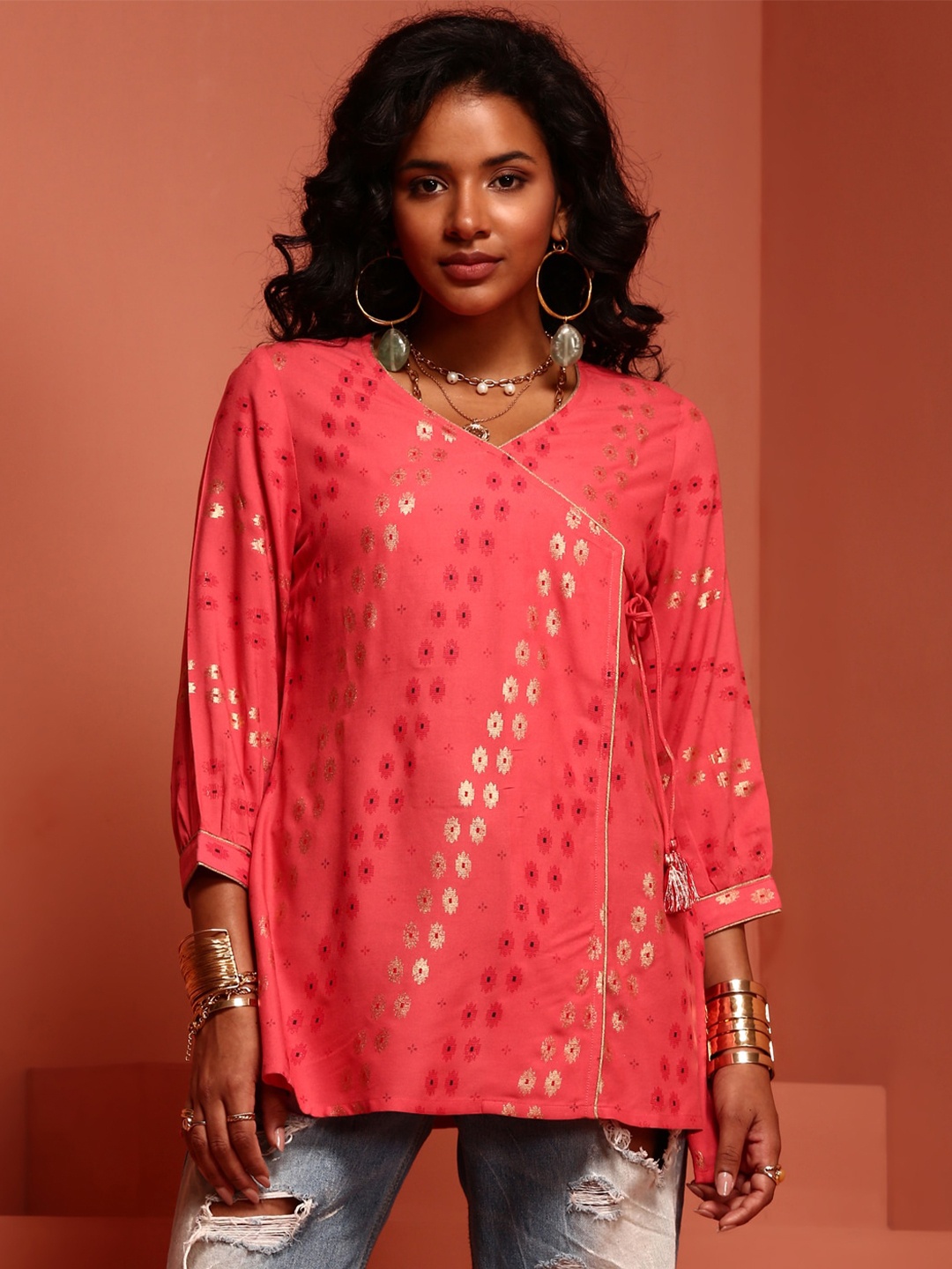 

IMARA Floral Printed V-Neck A-Line Top, Coral
