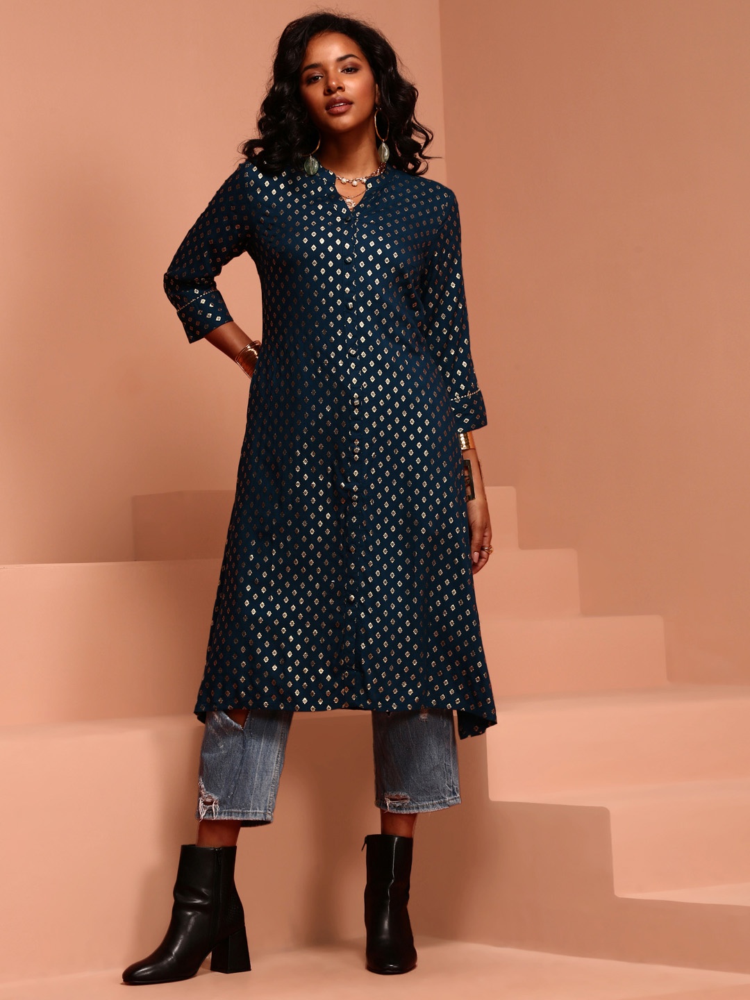 

IMARA Ethnic Printed Mandarin Collar A-Line Kurta, Navy blue