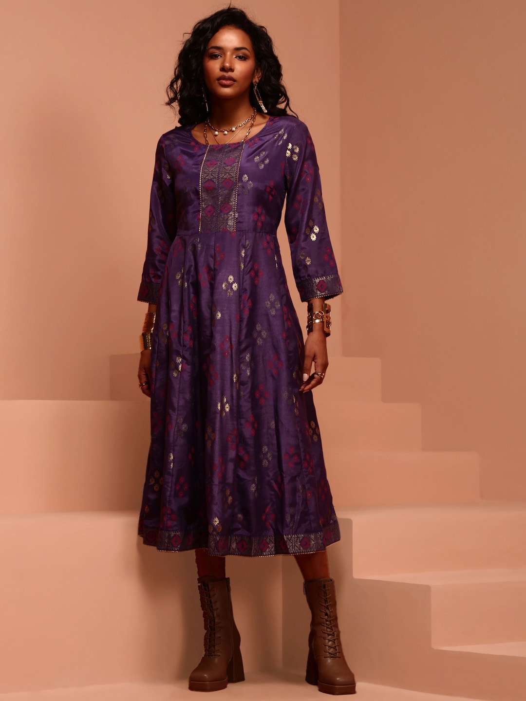 

IMARA Ethnic Motifs Woven Design Gotta Patti Fit & Flare Ethnic Dress, Violet