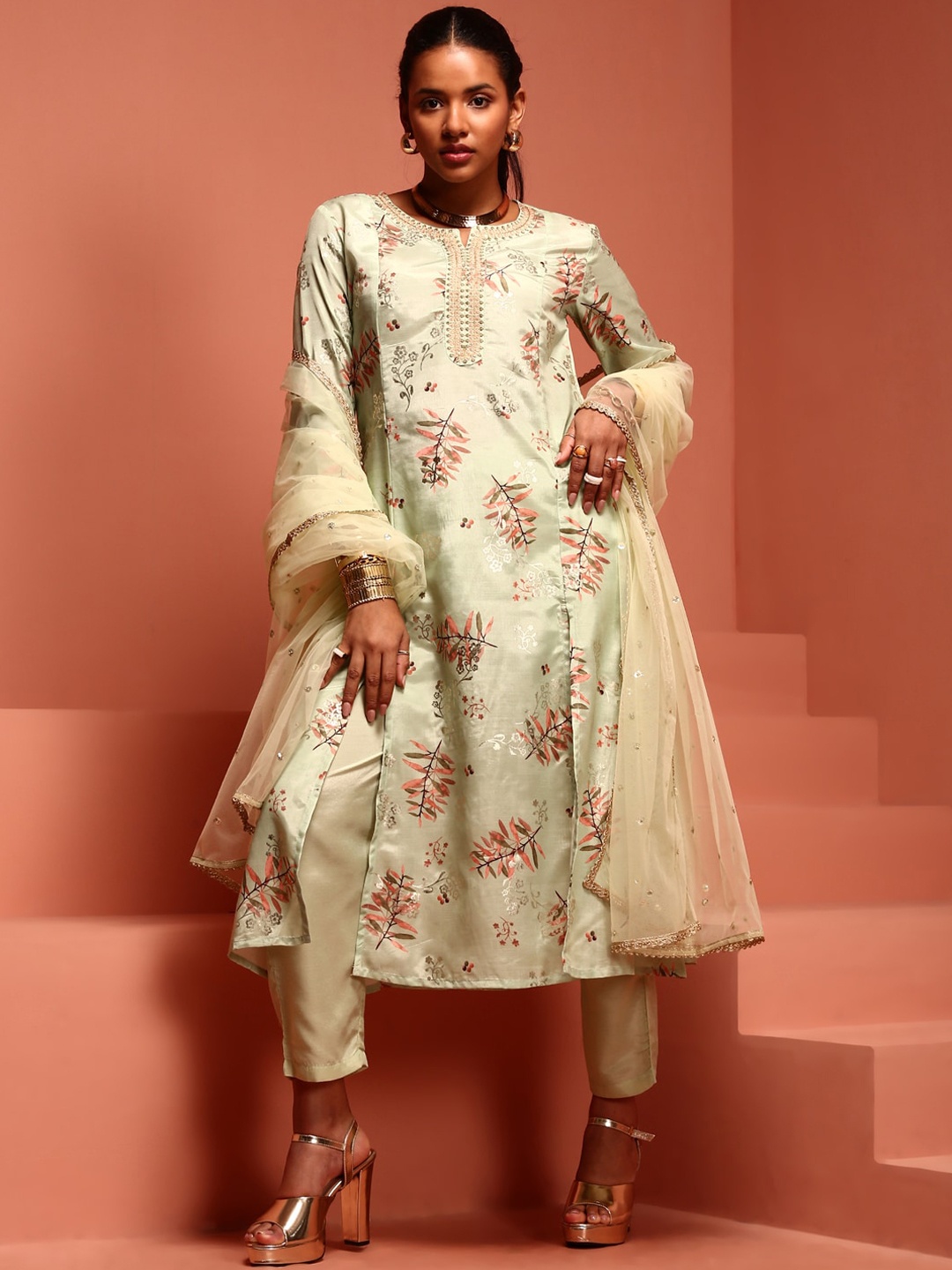 

IMARA Floral Printed Regular Gotta Patti Kurta With Trousers & Dupatta, Green