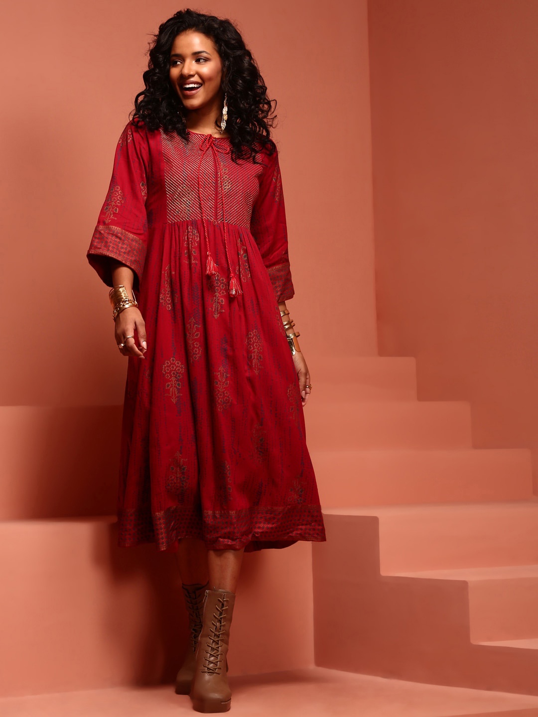 

IMARA Ethnic Motifs Printed A-Line Ethnic Dress, Red