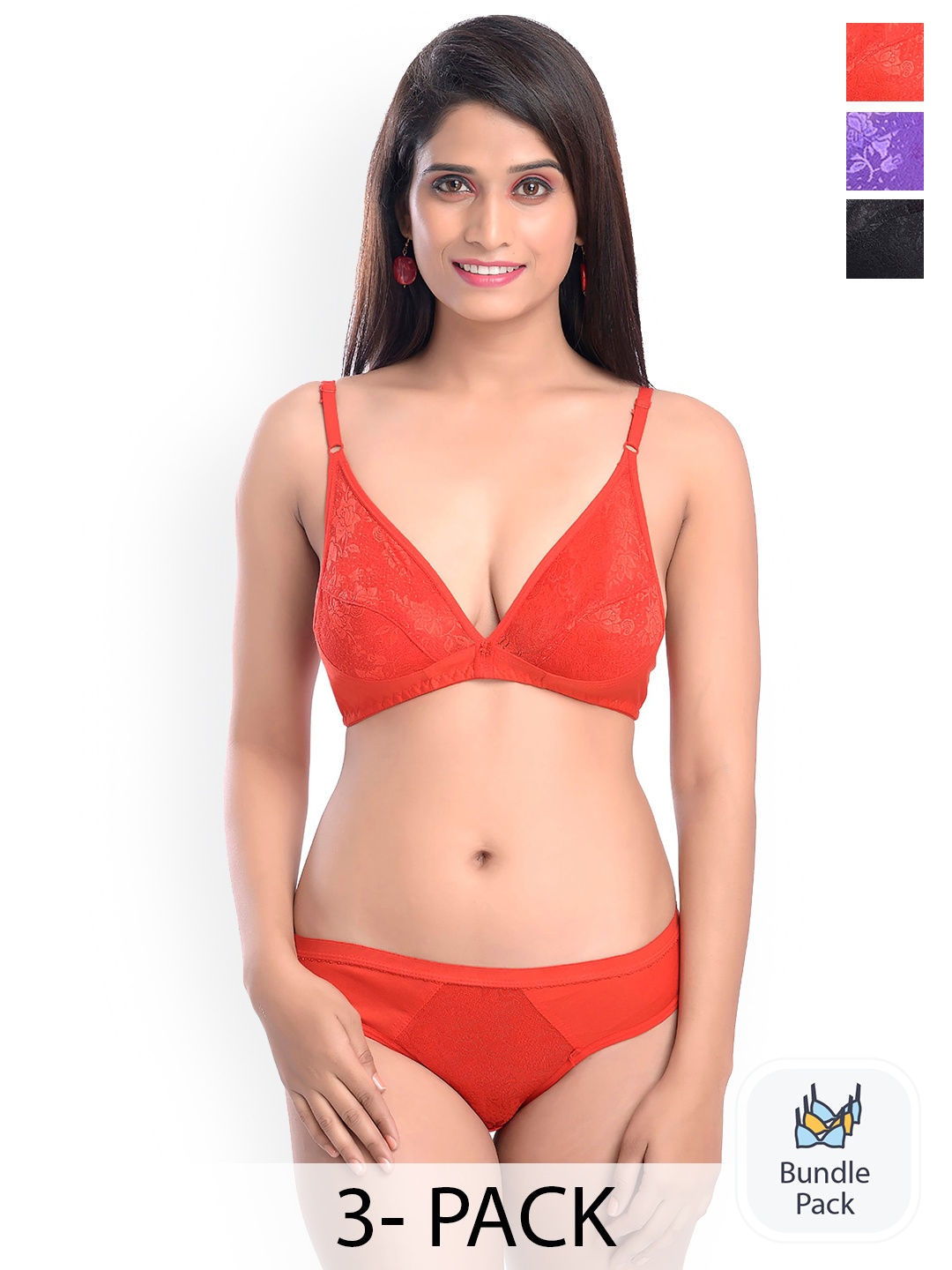 

Aamarsh Pack Of 3 Laced Cotton Lingerie Set AE_Safal, Black